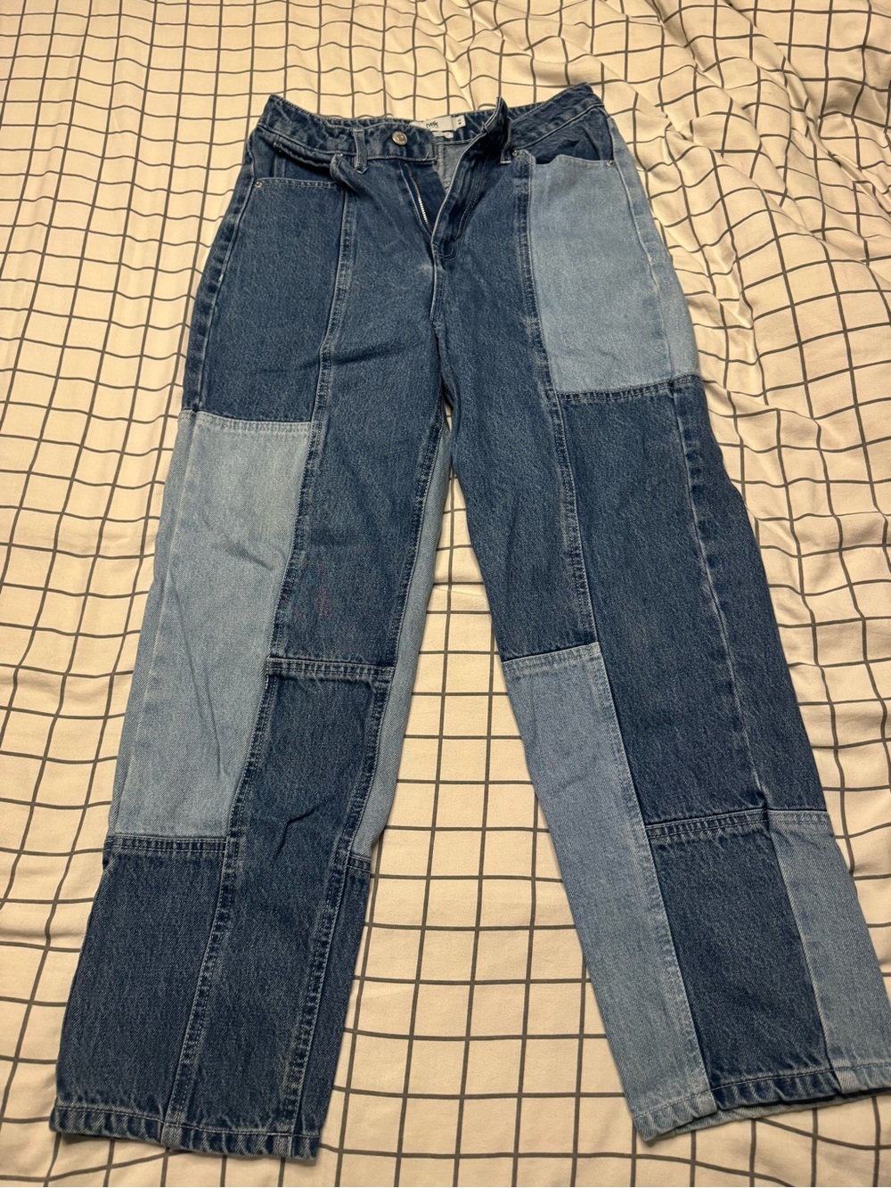 Simons Patchwork Two-Tone Blue Straight-Leg Jeans
